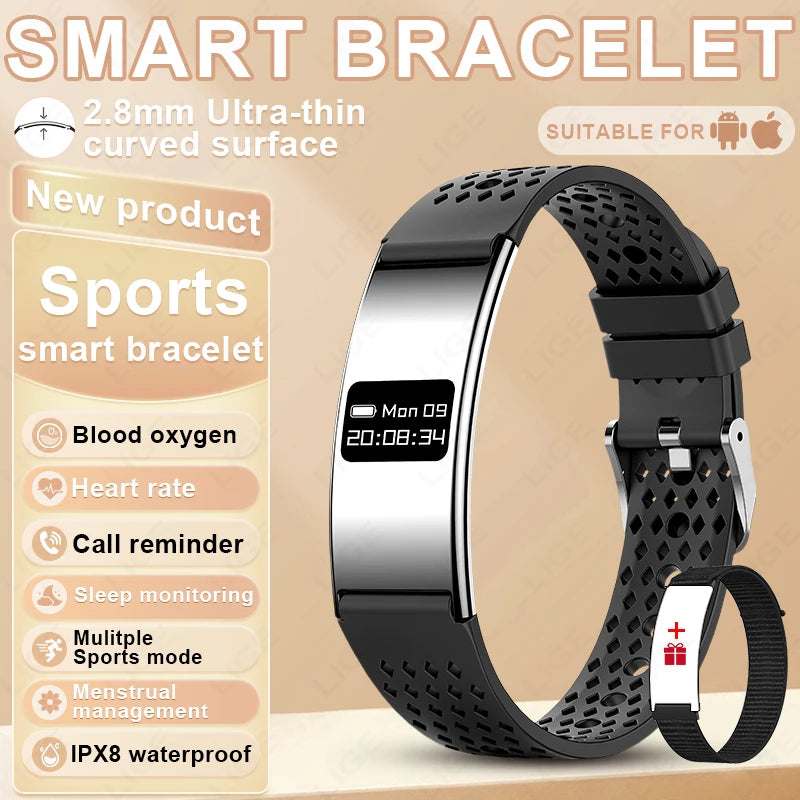 Smart bracelet with digital display on a beige background
