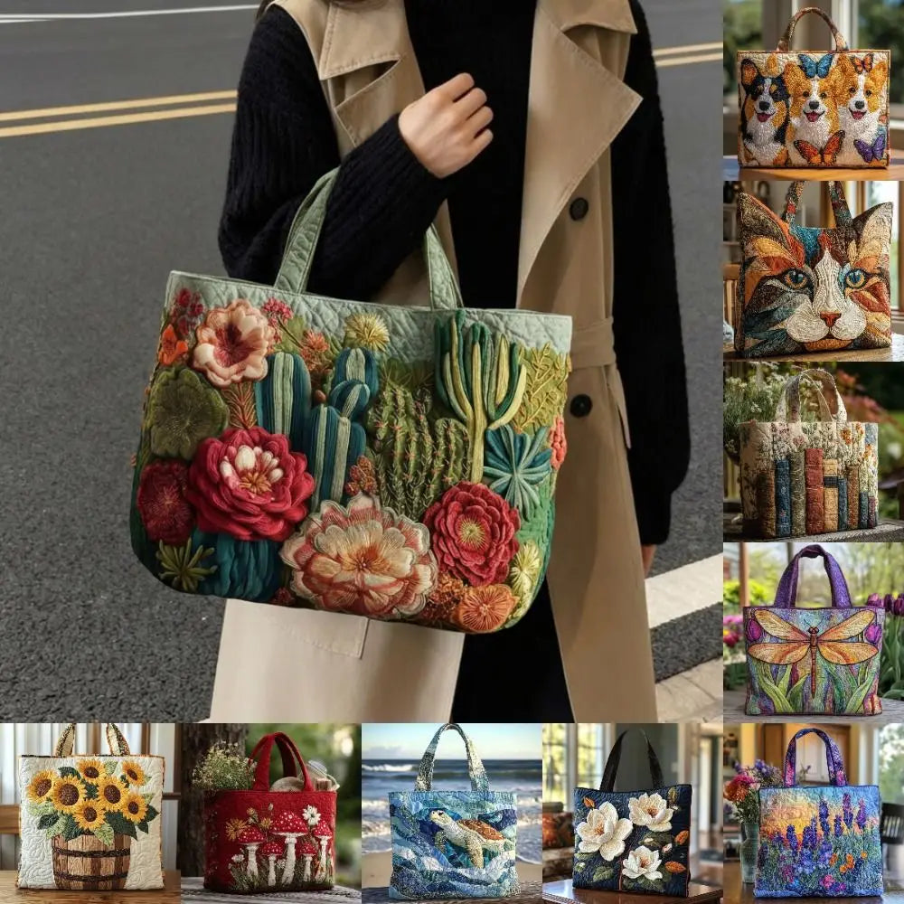 Vintage Quilted Tote Bag Women Lightweight Travel Bag Purse Cotton Shoulder Tote Bag For Shopping Grocery & Beach Bag