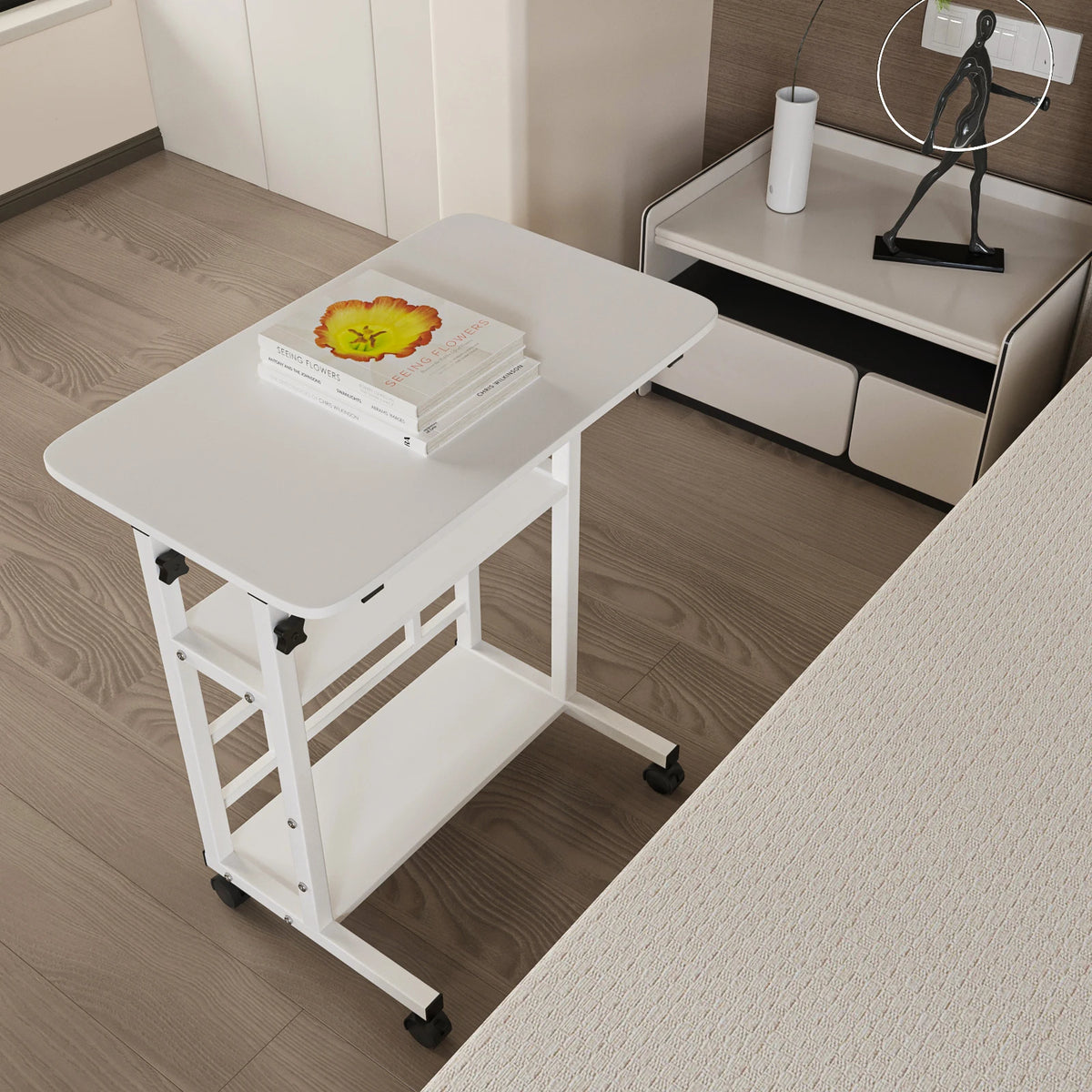 Side Table, Height-adjustable Computer Desk with Casters, 3 Shelves, Standing Desk for Bedroom, Living Room, 60x40x90cm