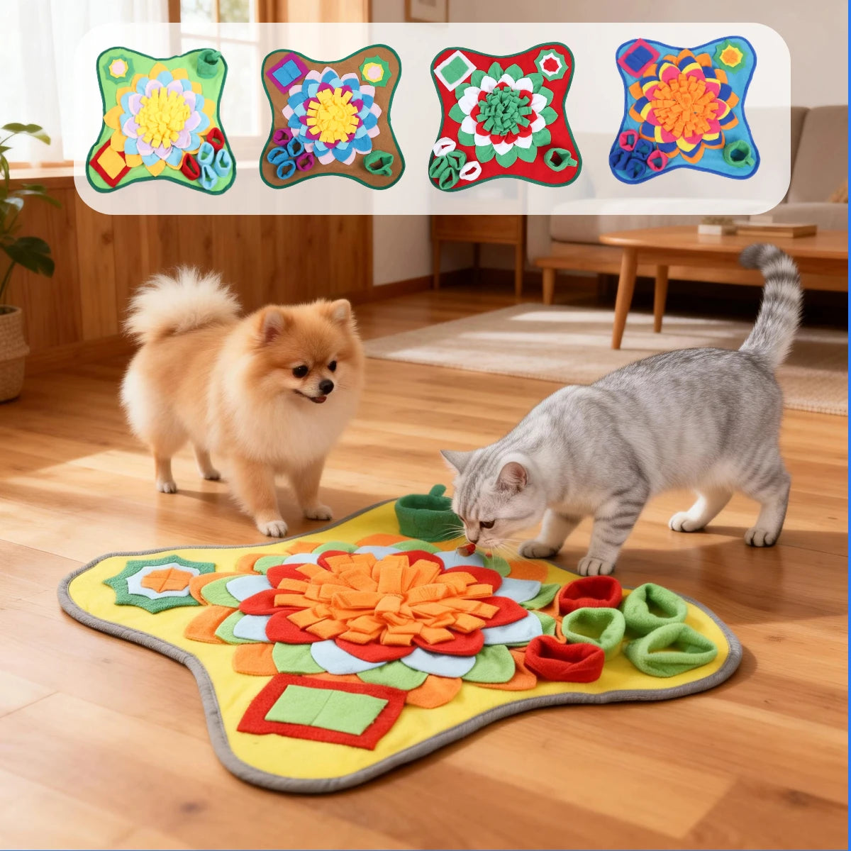 Pet Snuffle Mat for Dogs Cats, Interactive Foraging Feeding Mat, Non‑Slip Colorful Flower Shape Nosework Training Toy, Stress Re