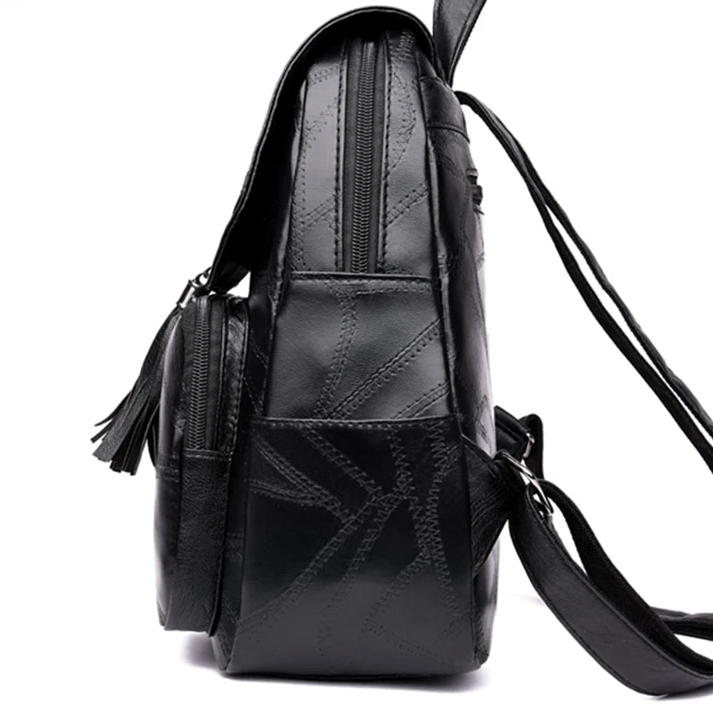Casual Vintage Flap Tassel Rucksack, Lightweight Black Leather Backpack for Shopping, Dating & Weekend Trips