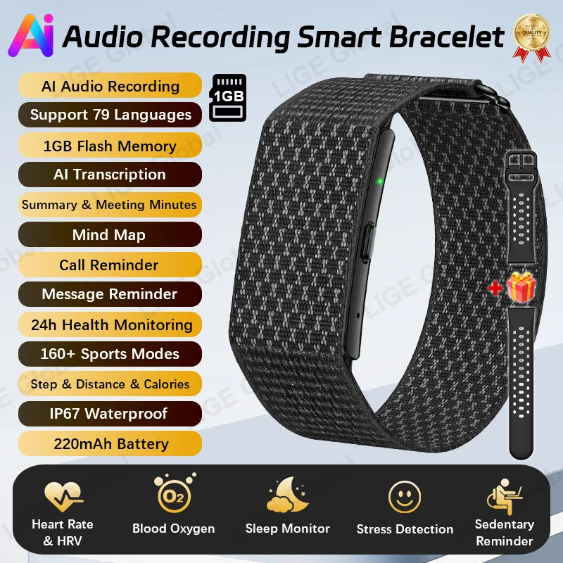 LIGE Audio Recorder Smart Bracelet 79 Languages AI Transcription 1GB Sports Fitness Band Health Monitor Watches Voice Recording