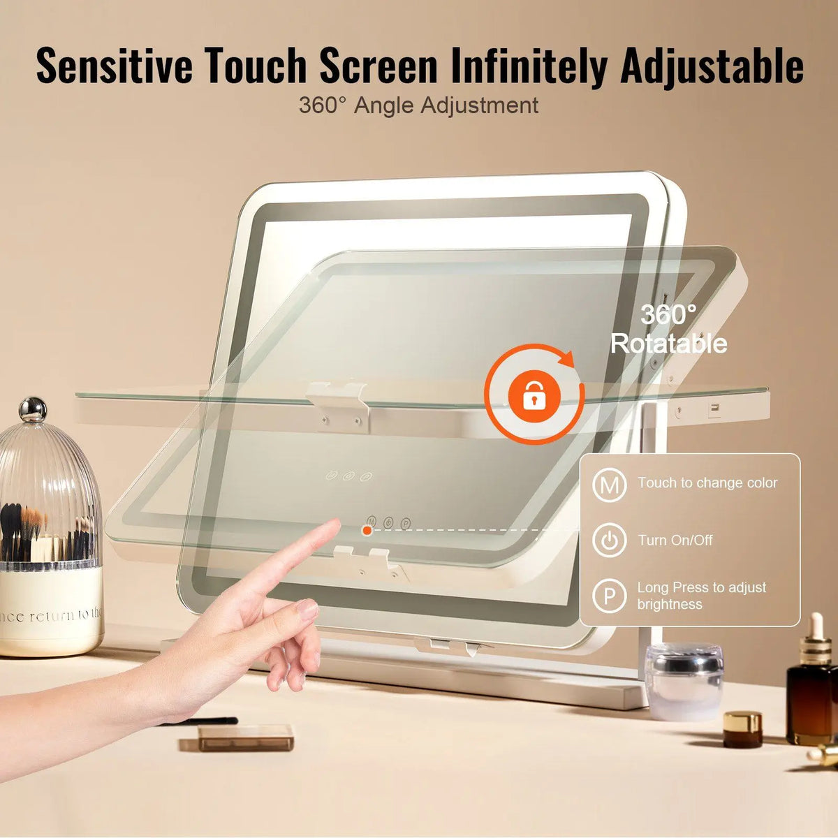 5X Magnification LED Vanity Mirror with Three Color Lighting Modes Smart Touch CO USB Port Lighted Makeup-for Home or Travel