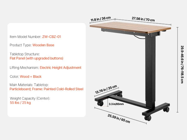 VEVOR Overbed Table Mobile Bed Side Table w/ Swivel Casters Height & Angle Adjustable Rolling Laptop Desk for Home Office Study