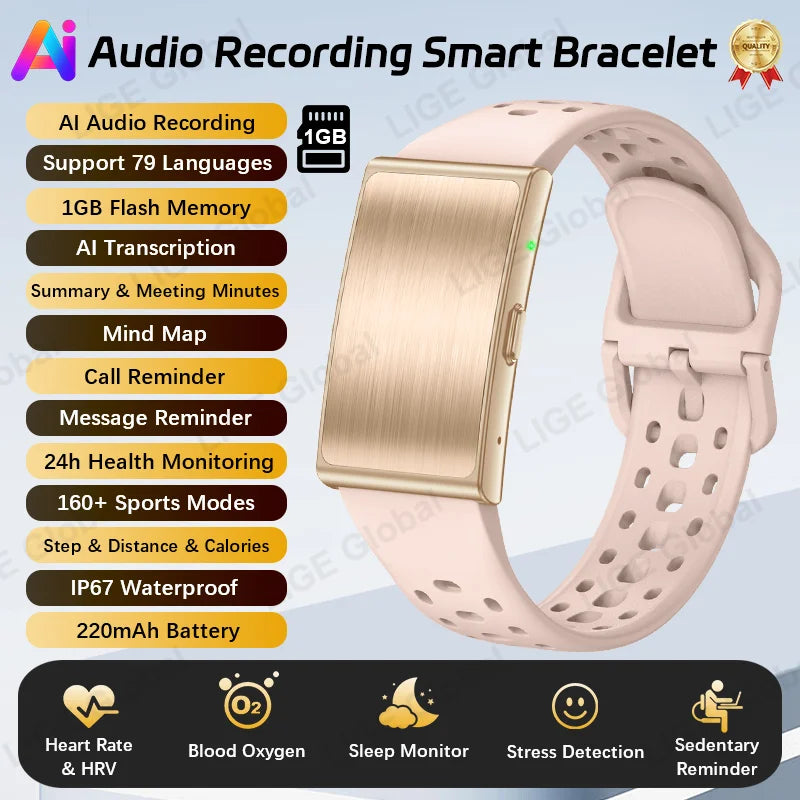 LIGE Audio Recorder Smart Bracelet 79 Languages AI Transcription 1GB Sports Fitness Band Health Monitor Watches Voice Recording