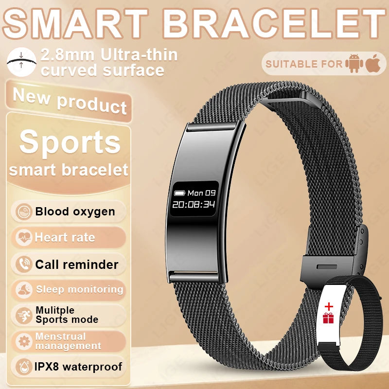 Smart bracelet with features listed on a beige background