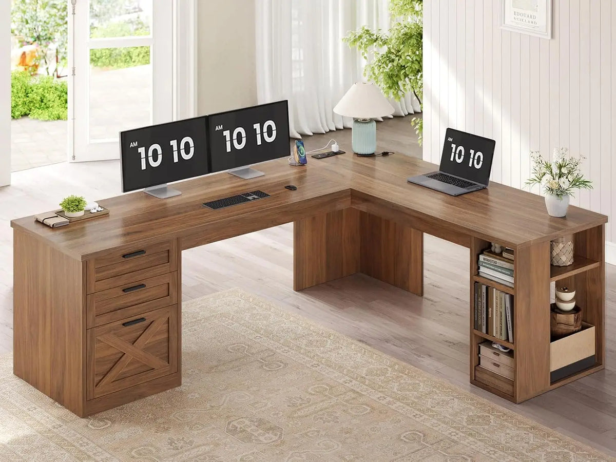 Farmhouse 67" L Shaped Desk with 3 Drawers, Executive Desk, Home Office Desks with Storage Shelves, Corner Computer, Customized