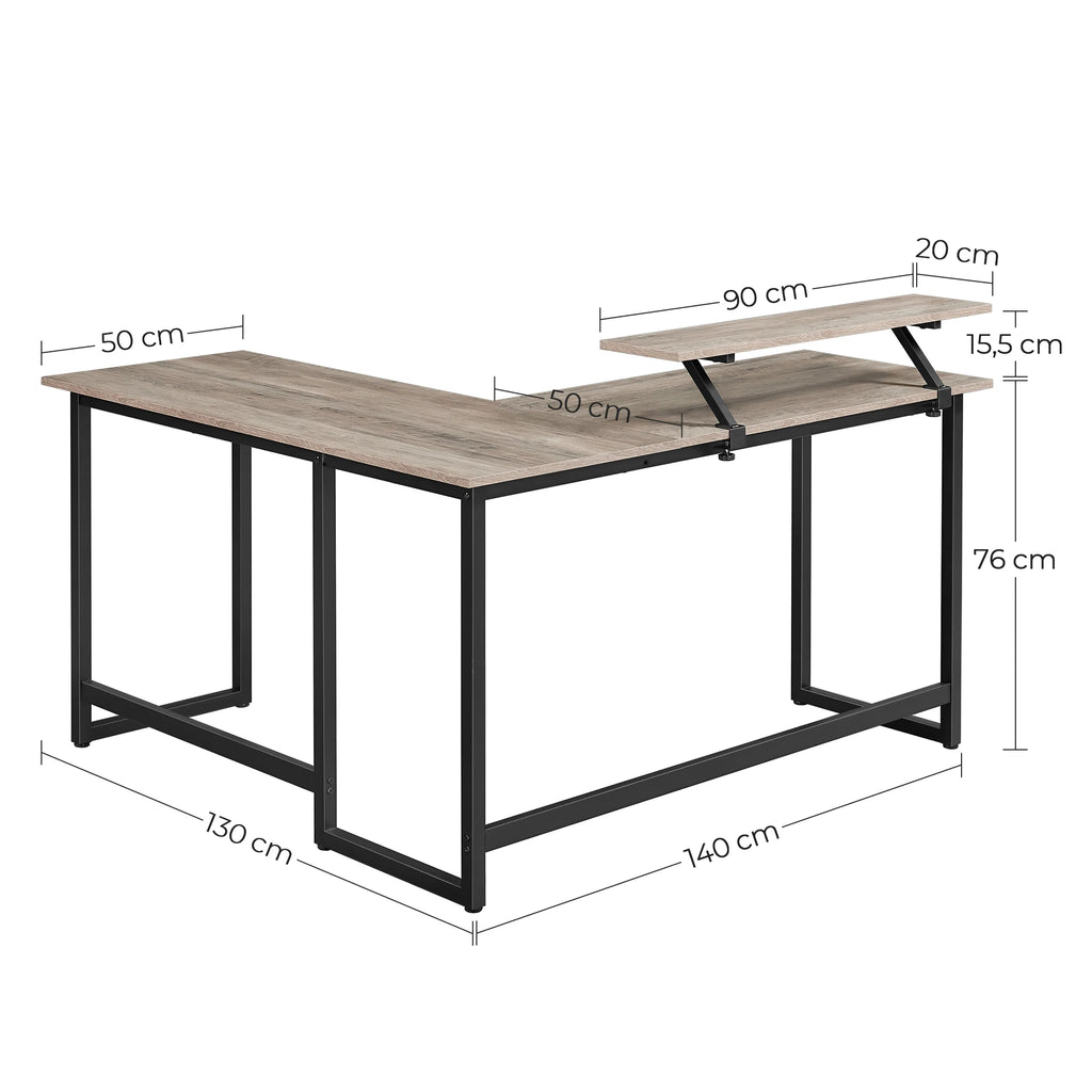 Computer Desk, L-Shaped Writing Workstation, Industrial Corner Desk With Monitor Stand, for Home Office, 140 x 130 x 76/91.5 cm