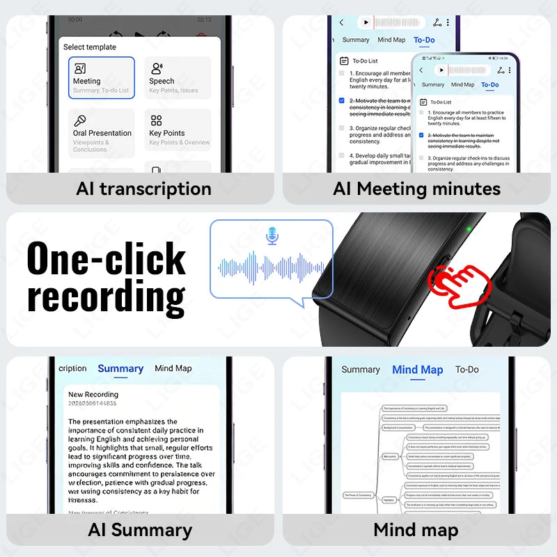 LIGE Audio Recorder Smart Bracelet 79 Languages AI Transcription 1GB Sports Fitness Band Health Monitor Watches Voice Recording