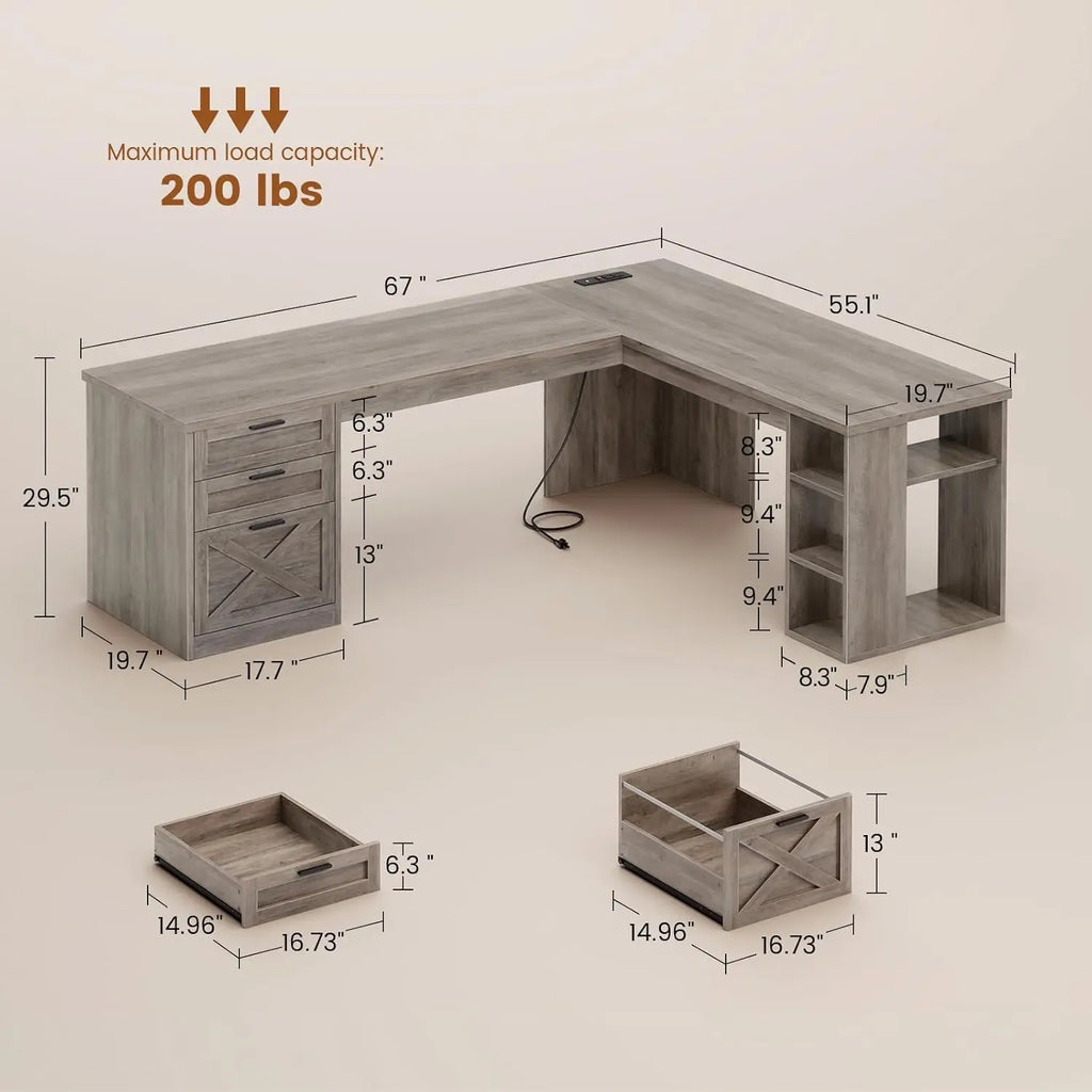 Farmhouse 67" L Shaped Desk with 3 Drawers, Executive Desk, Home Office Desks with Storage Shelves, Corner Computer, Customized