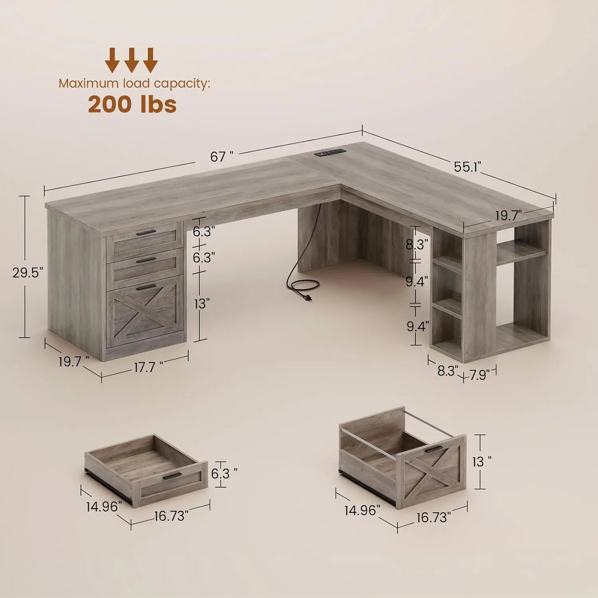 Farmhouse 67" L Shaped Desk with 3 Drawers, Executive Desk, Home Office Desks with Storage Shelves, Corner Computer, Customized