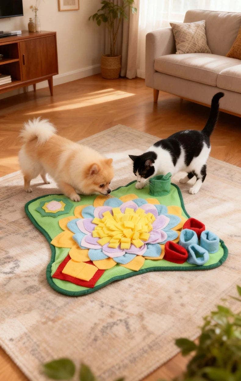 Pet Snuffle Mat for Dogs Cats, Interactive Foraging Feeding Mat, Non‑Slip Colorful Flower Shape Nosework Training Toy, Stress Re