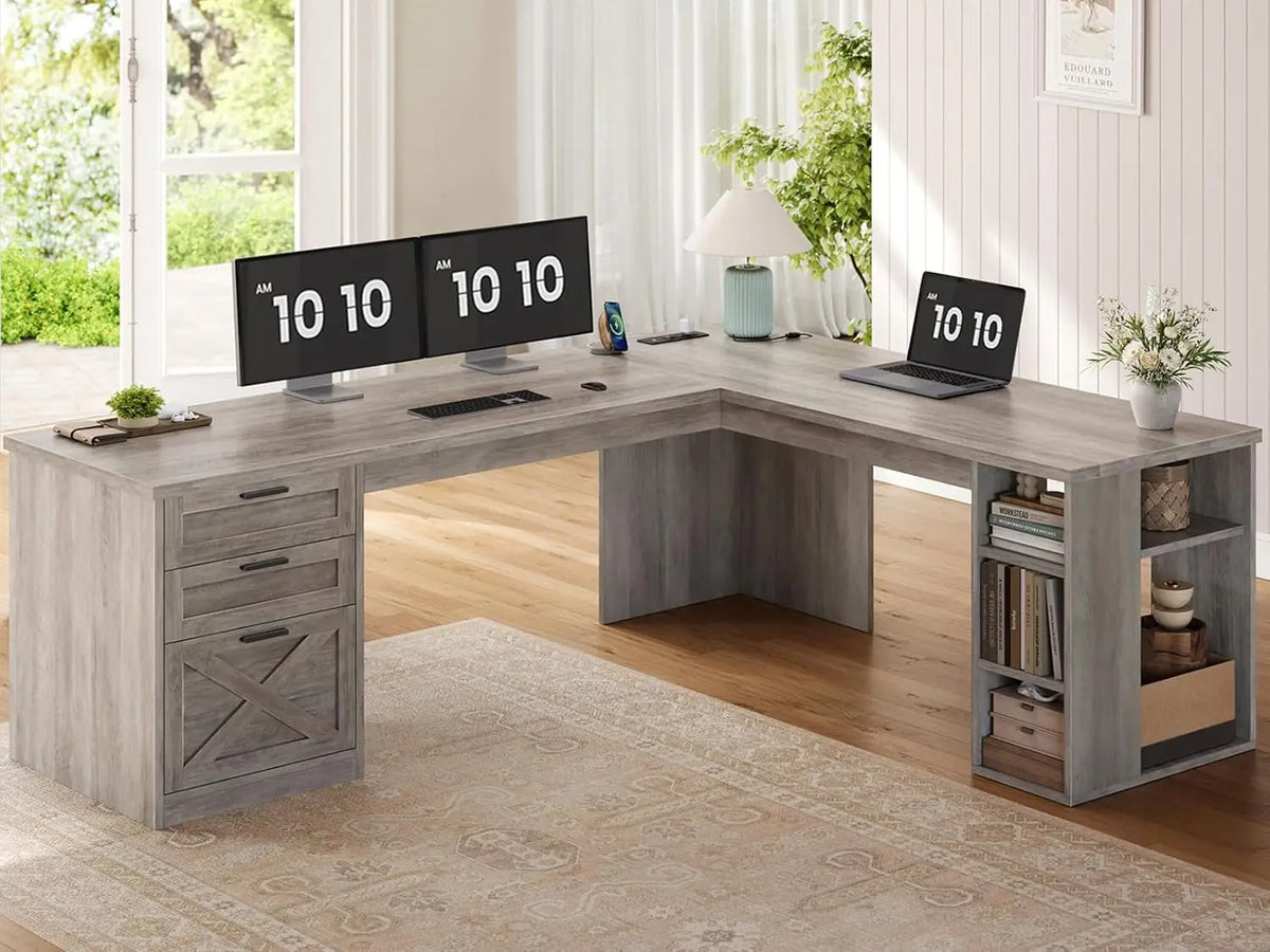 Farmhouse 67" L Shaped Desk with 3 Drawers, Executive Desk, Home Office Desks with Storage Shelves, Corner Computer, Customized