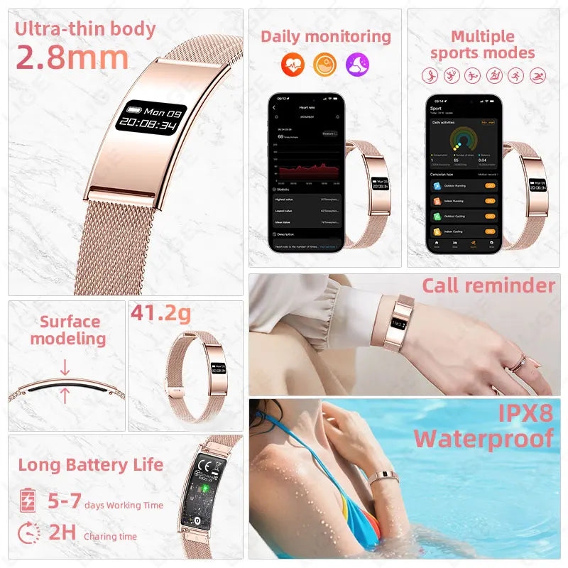 Rose gold fitness tracker with smartphone app interface, call reminder feature, and waterproof rating on a white background.