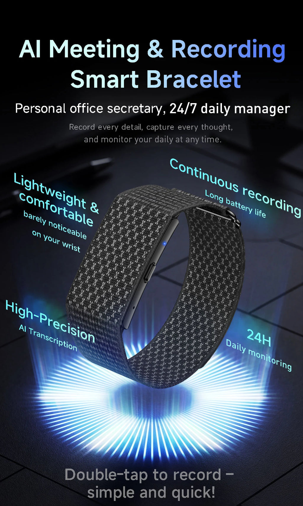 LIGE Audio Recorder Smart Bracelet 79 Languages AI Transcription 1GB Sports Fitness Band Health Monitor Watches Voice Recording