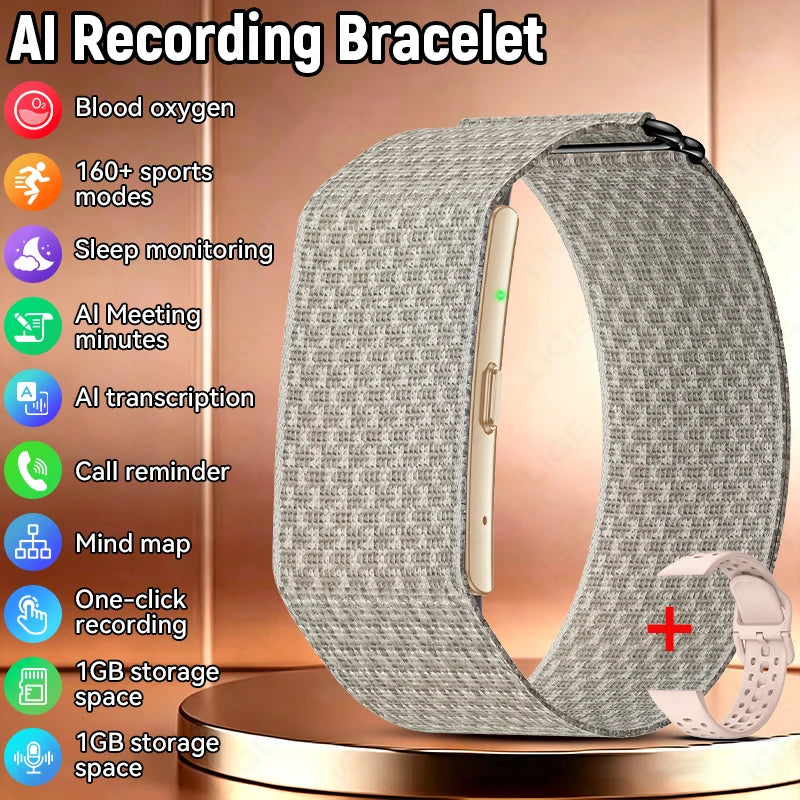 AI Recording Bracelet smartwatch band shown on a metallic display stand with feature icons and text listing capabilities such as blood oxygen monitoring, sleep tracking, AI meeting minutes, call reminders, and 1GB storage.