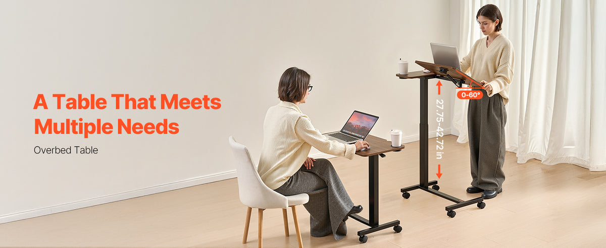 VEVOR Overbed Table Mobile Bed Side Table w/ Swivel Casters Height & Angle Adjustable Rolling Laptop Desk for Home Office Study